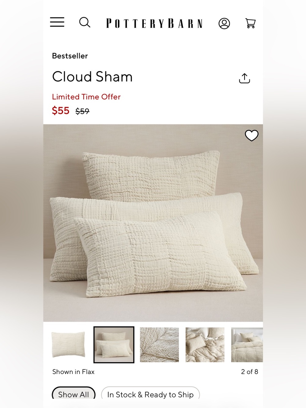 Pottery Barn cloud sham set linen standard flax